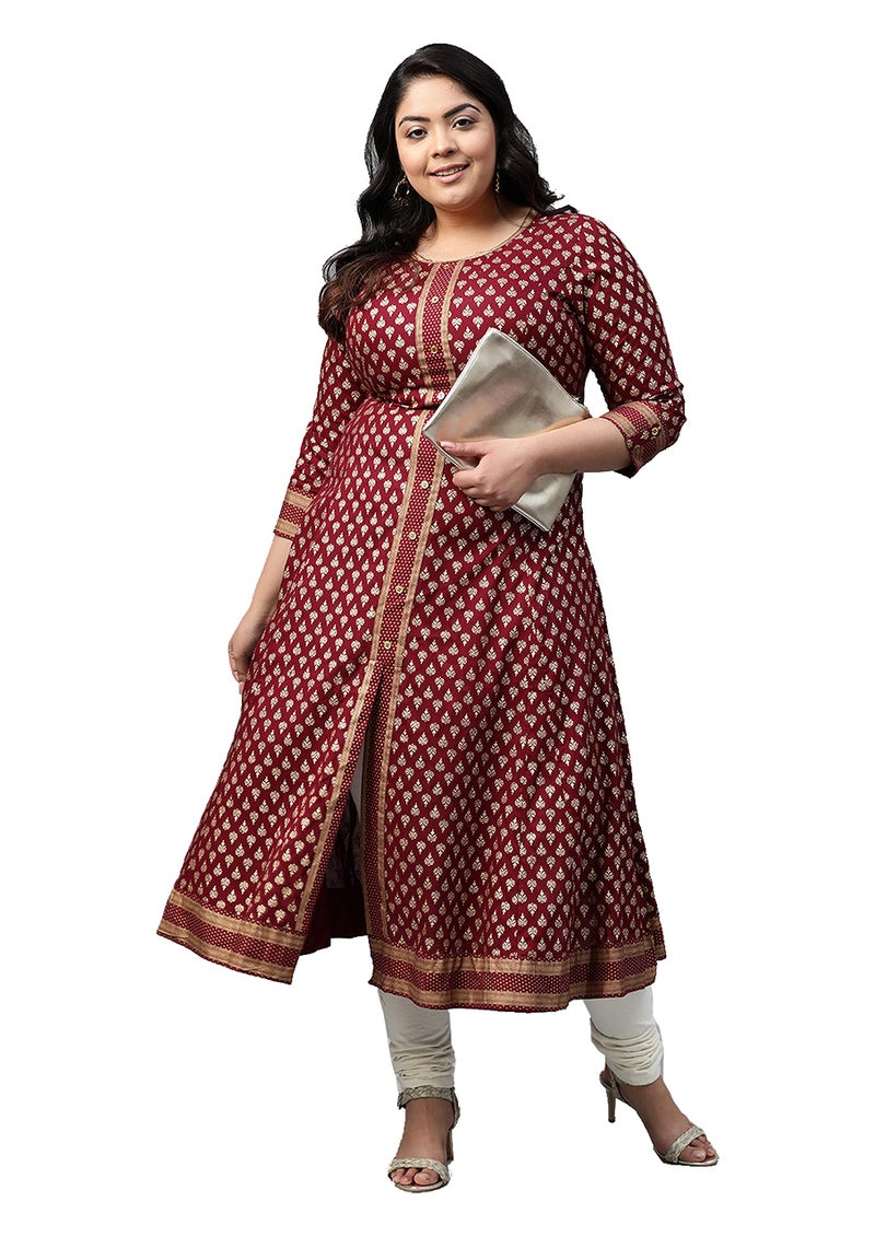 Yash Gallery Women's Rayon Buta Print A-Line Kurtis (Purple) - Image 1
